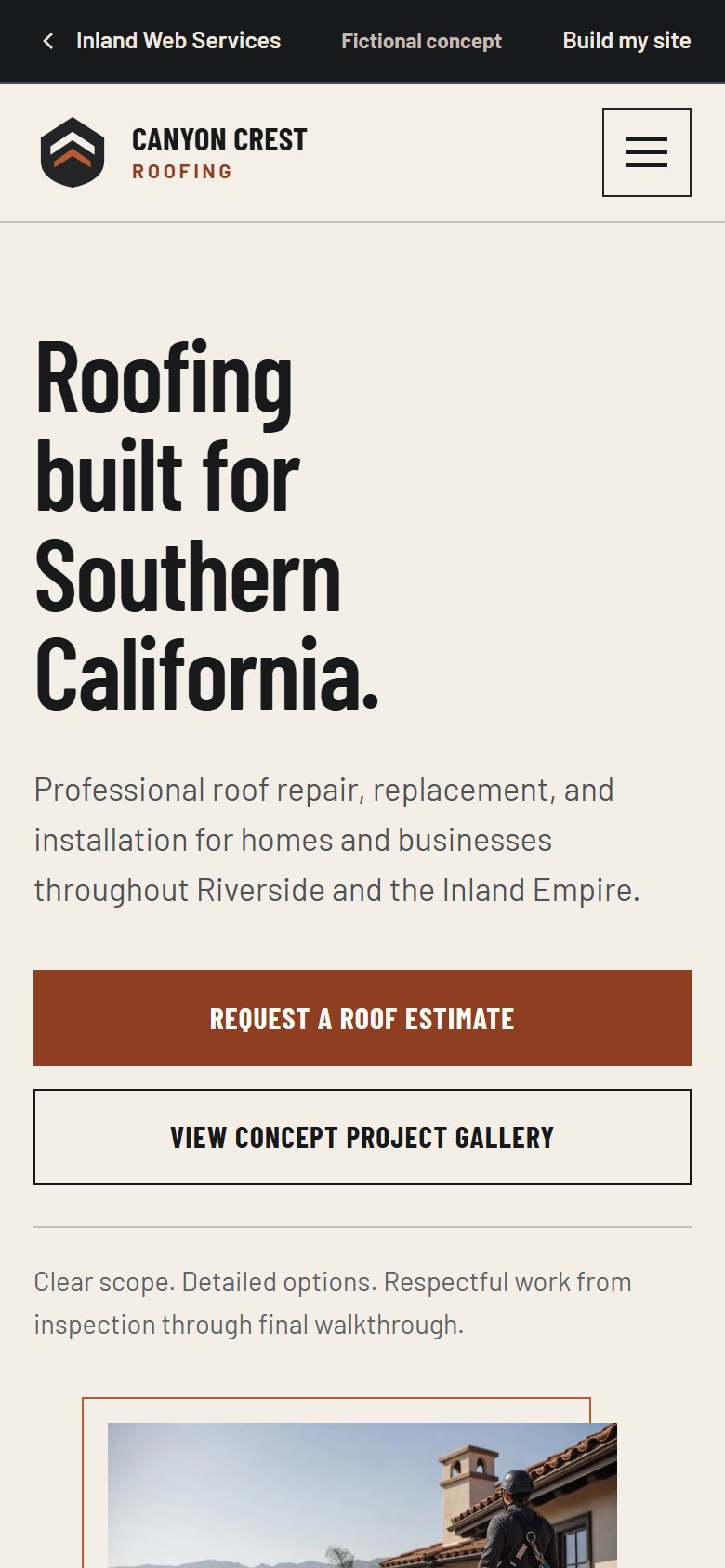 Canyon Crest Roofing contractor website concept on a phone
