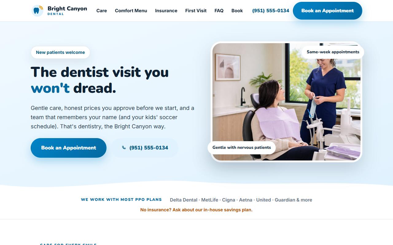 Screenshot of the Bright Canyon Dental demo website