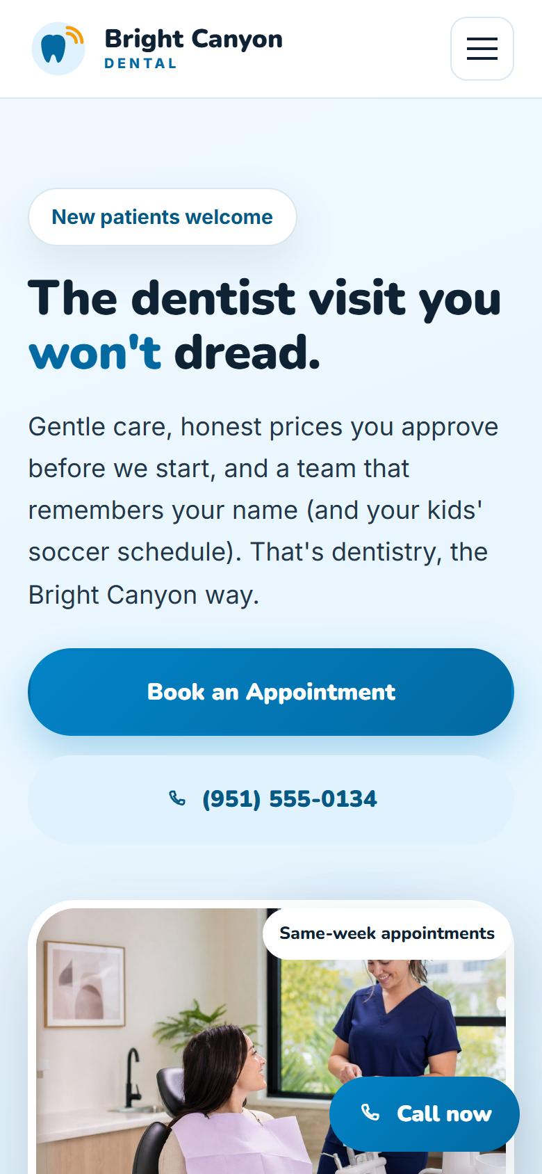 Bright Canyon Dental demo website on a phone