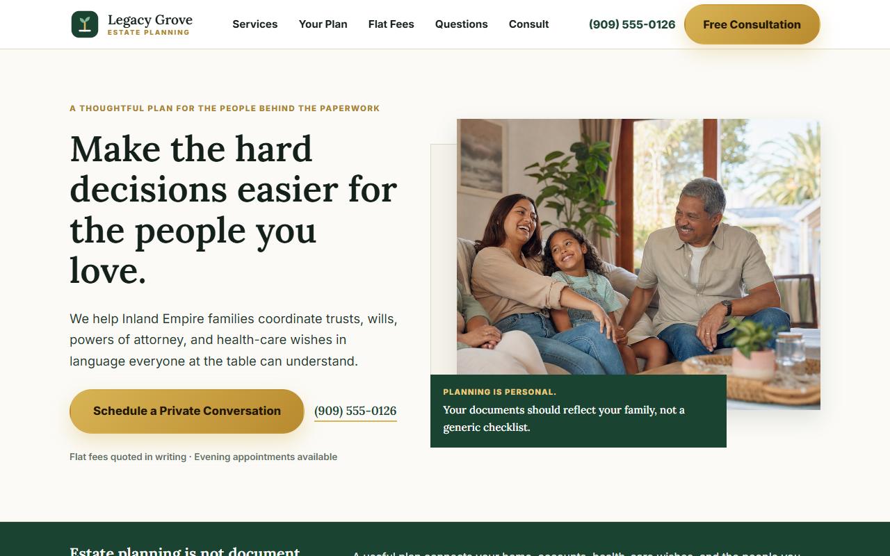 Screenshot of the Legacy Grove Estate Planning demo website