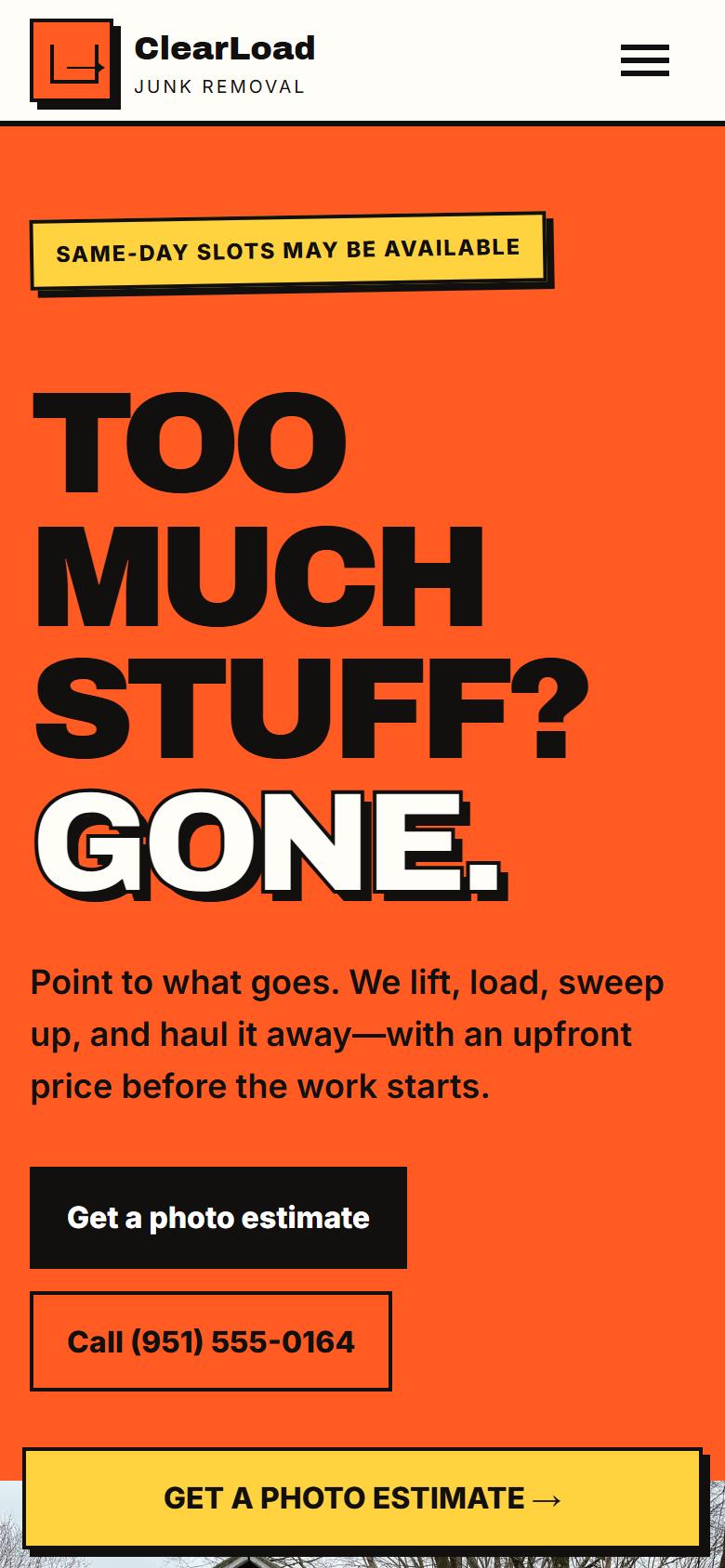 ClearLoad Junk Removal demo website on a phone