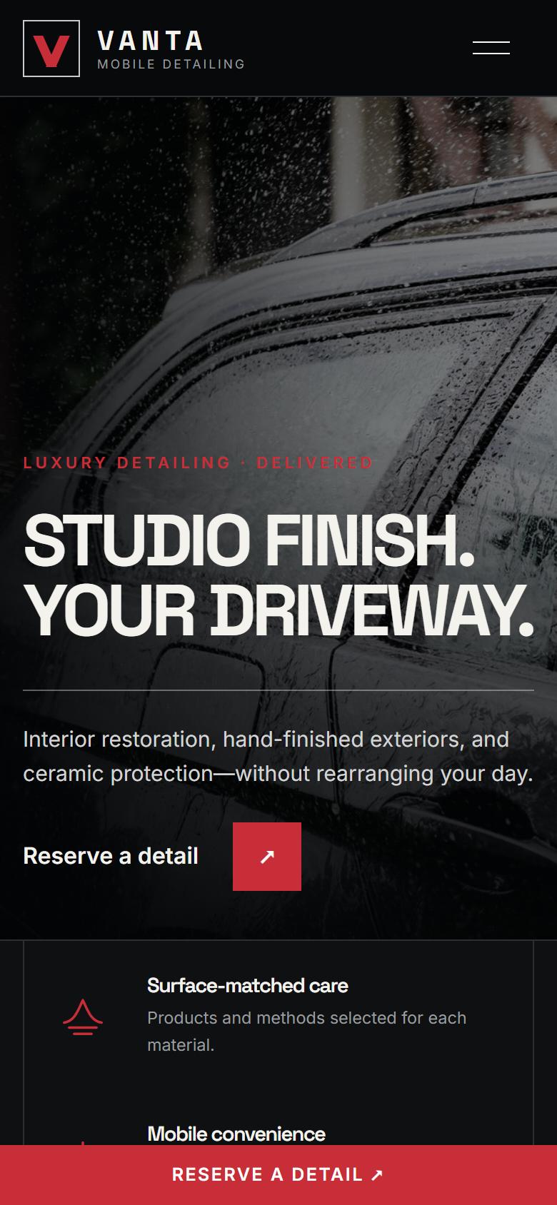 Vanta Mobile Detailing demo website on a phone