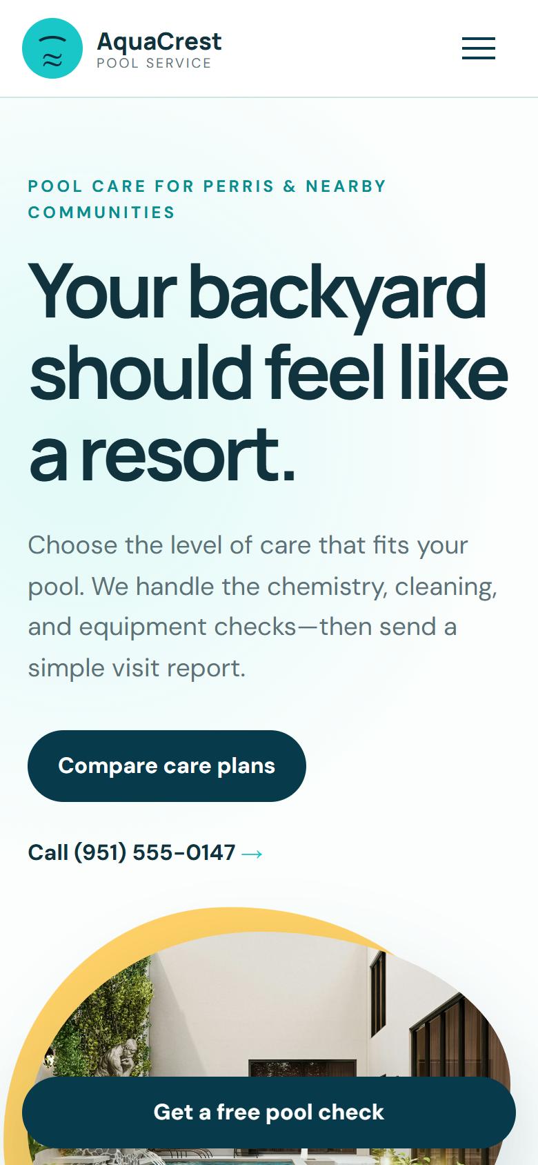 AquaCrest Pool Service demo website on a phone