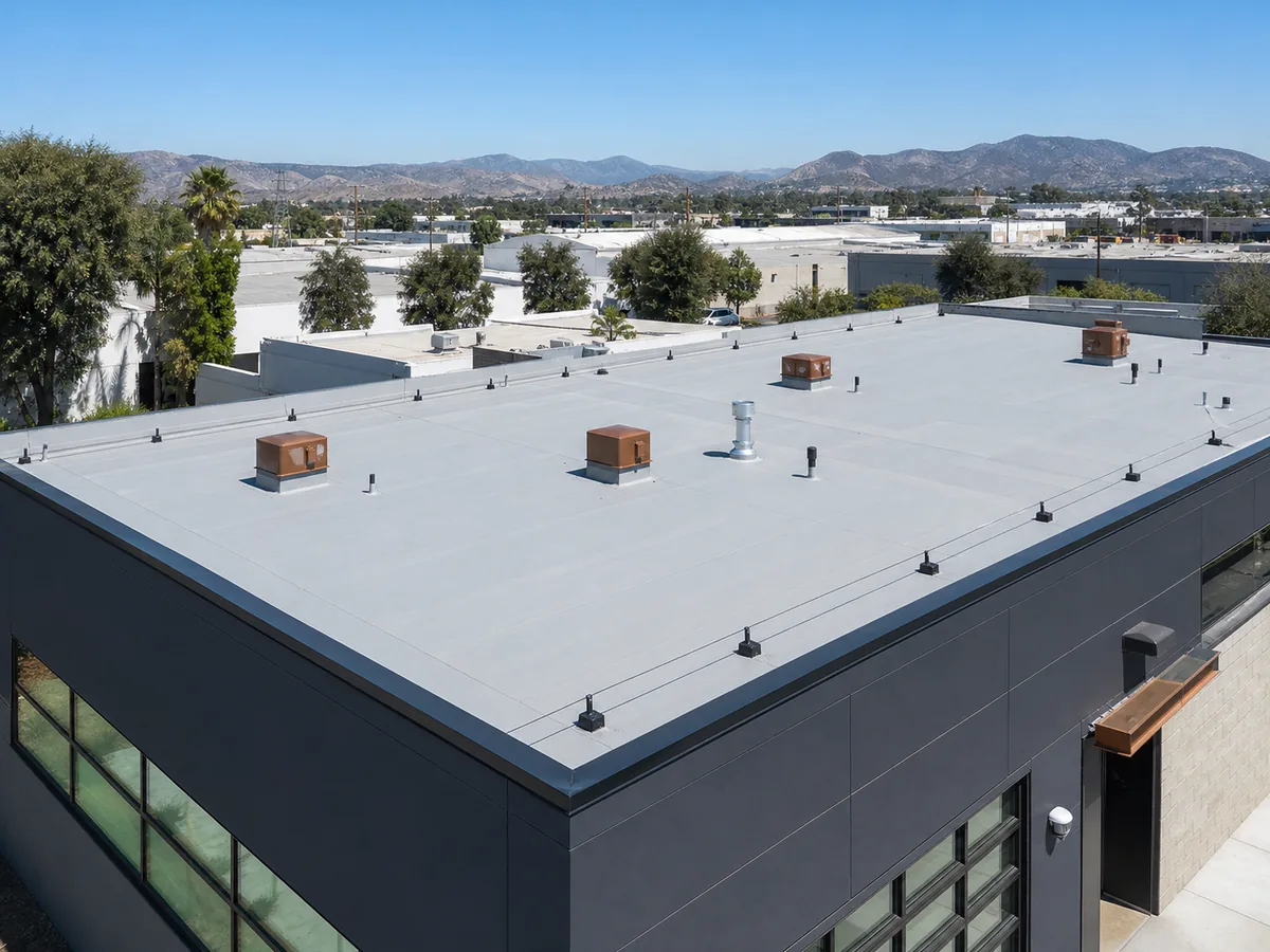 Illustrative finished flat roof on a Southern California commercial building