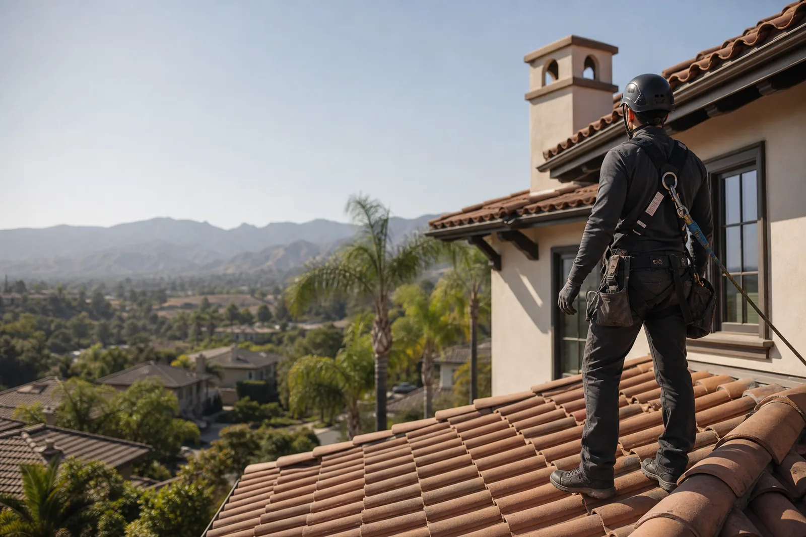 Roofing contractor inspecting a terracotta tile roof above a Southern California neighborhood
