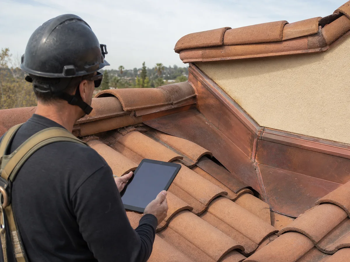 Illustrative contractor documenting tile and flashing conditions during a roof inspection