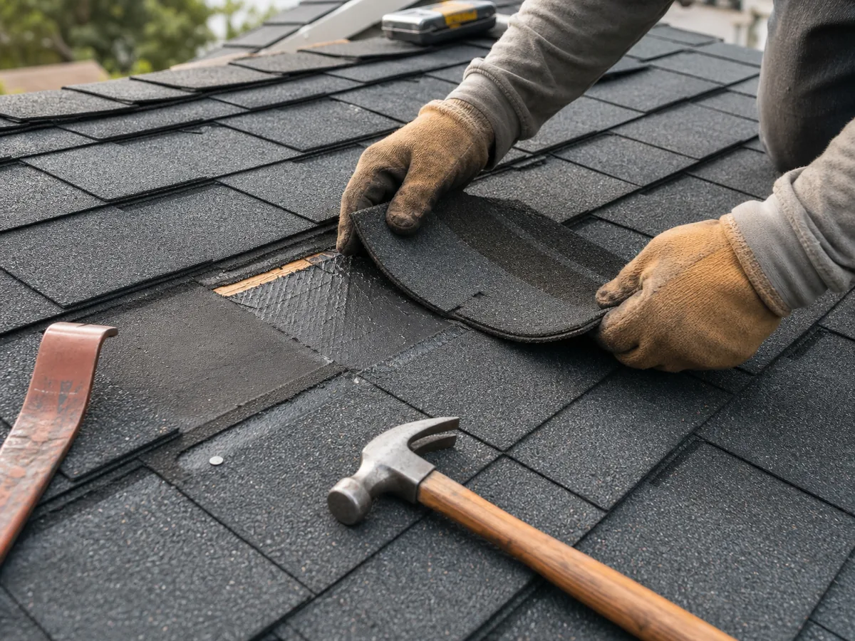 Illustrative close view of a contractor repairing damaged roof shingles