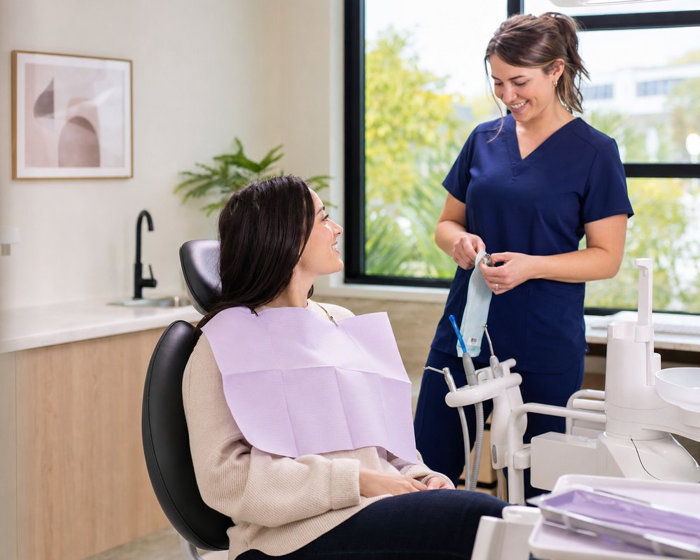 Bright, calm dental office with a smiling patient