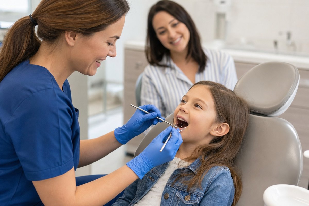 Hygienist giving a child a gentle dental cleaning