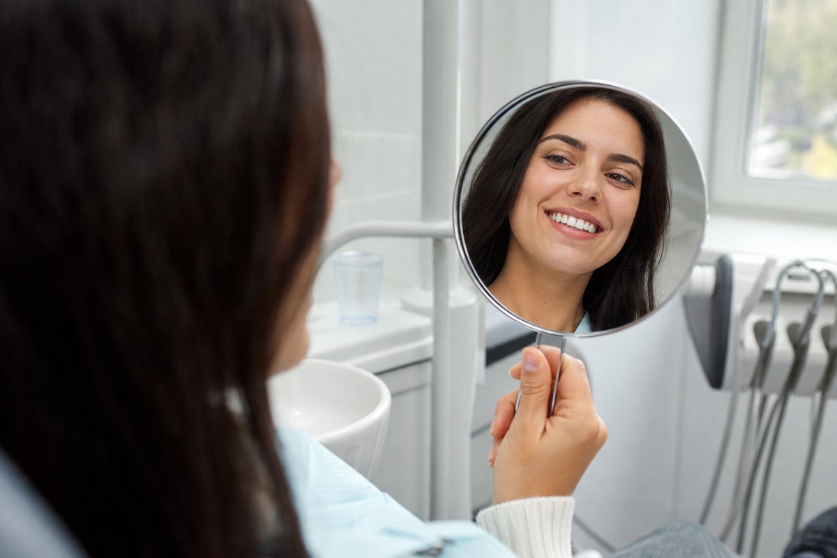 Patient admiring whitened teeth in a mirror