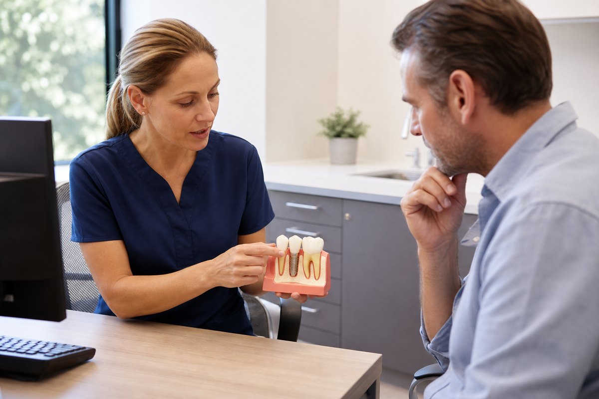 Dentist explaining a dental implant model to a patient