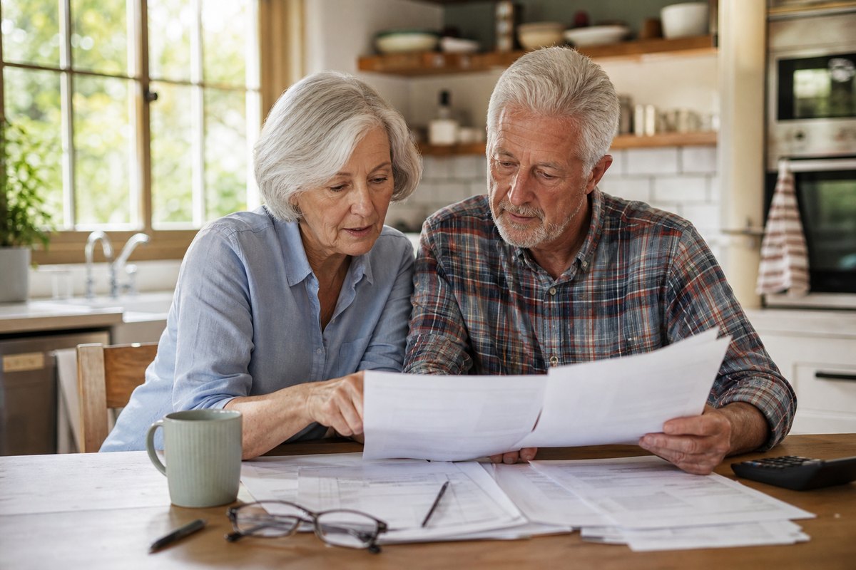 Couple reviewing living trust documents at a kitchen table