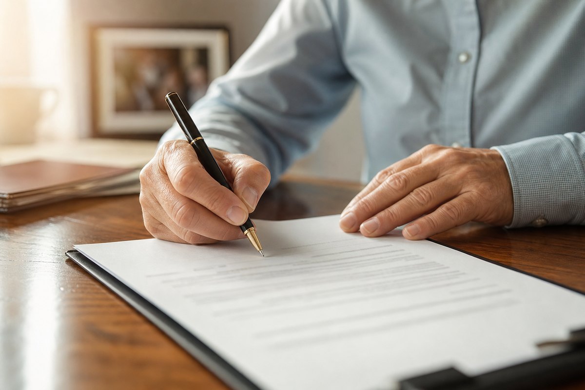 Person signing estate-planning documents at a desk