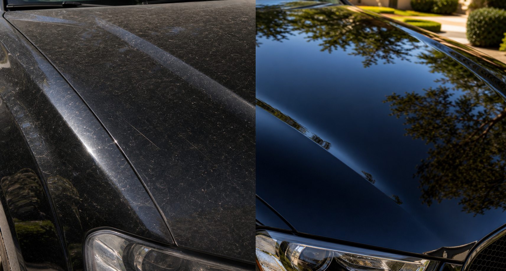 Before and after paint correction on a black vehicle