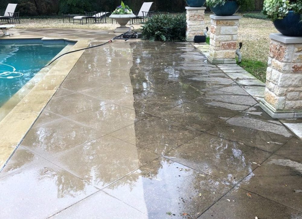 Freshly cleaned pool deck and tile surround