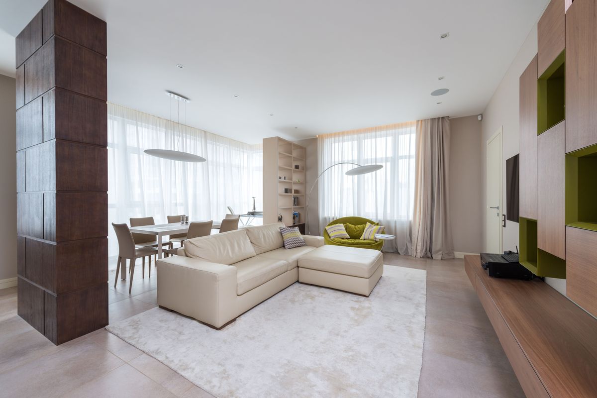 Bright staged living room prepared for professional listing photos